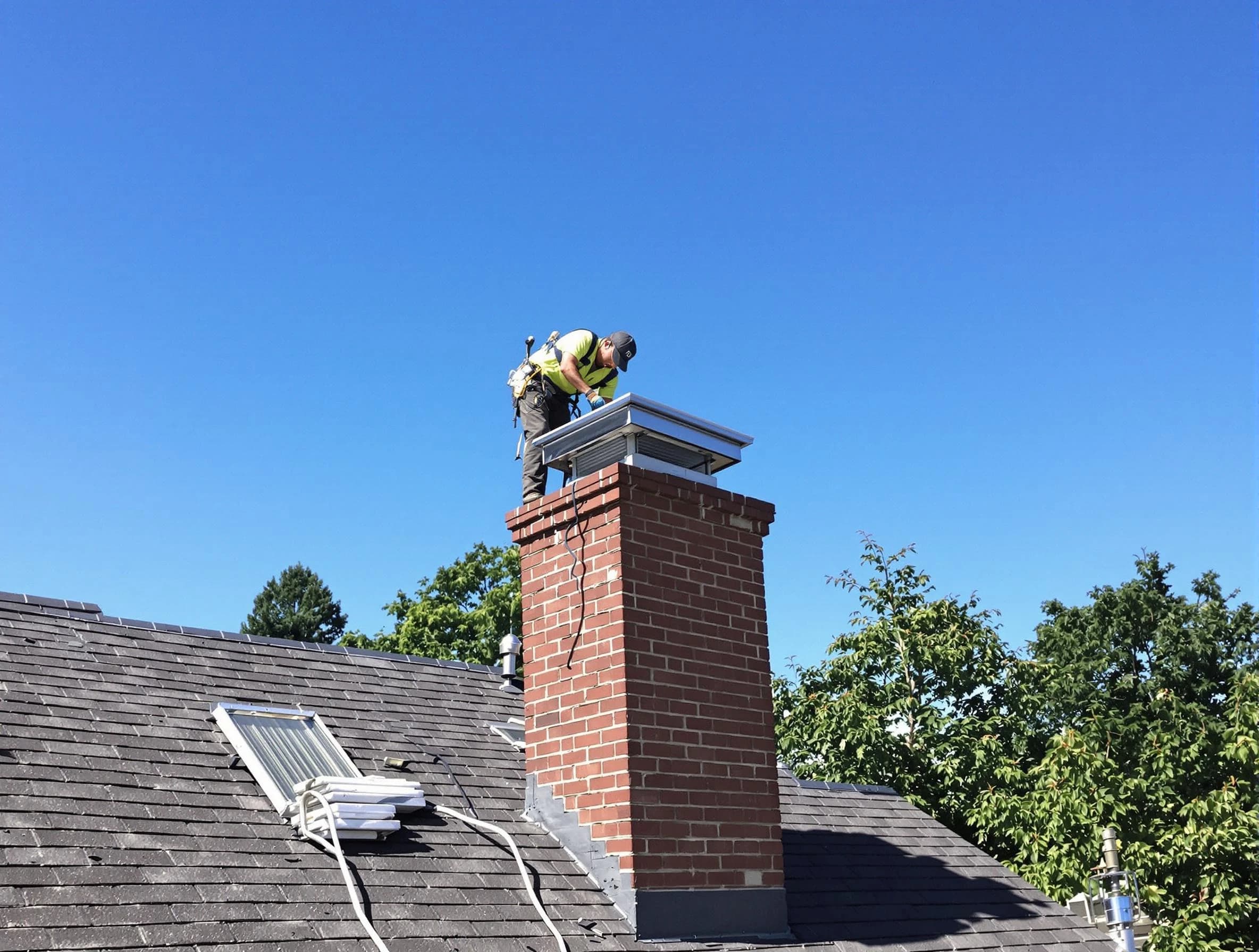 Clarkstown Chimney Sweep technician measuring a chimney cap in Clarkstown, NY