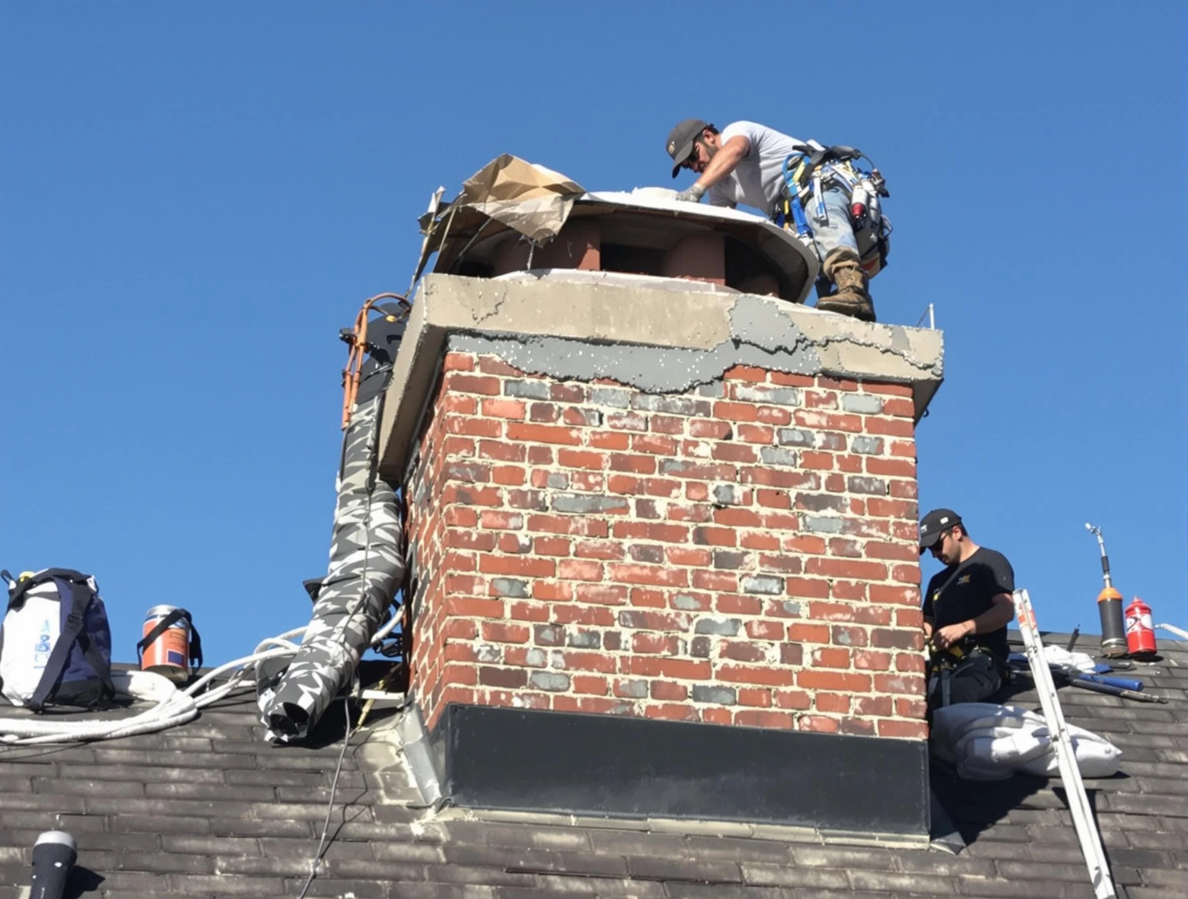 Clarkstown Chimney Sweep installing a custom chimney crown in Clarkstown, NY